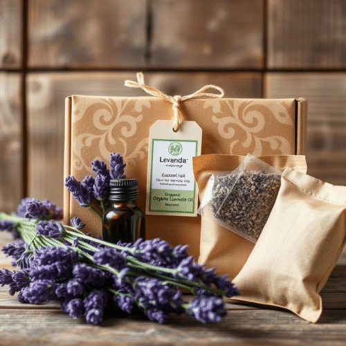 Lavender products in decorative packaging.