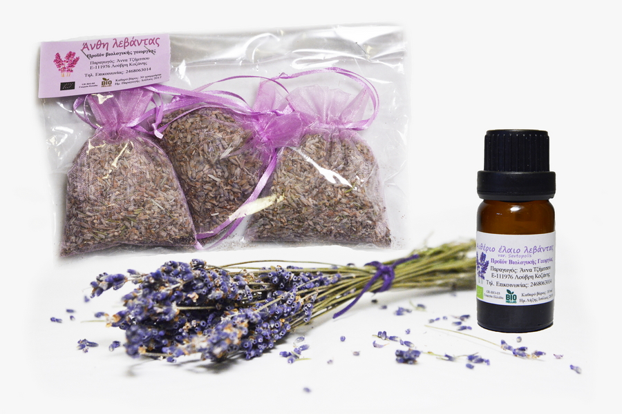 ματσάκι, πουγκιά και βιολογικό αιθέριο έλαιο λεβάντα